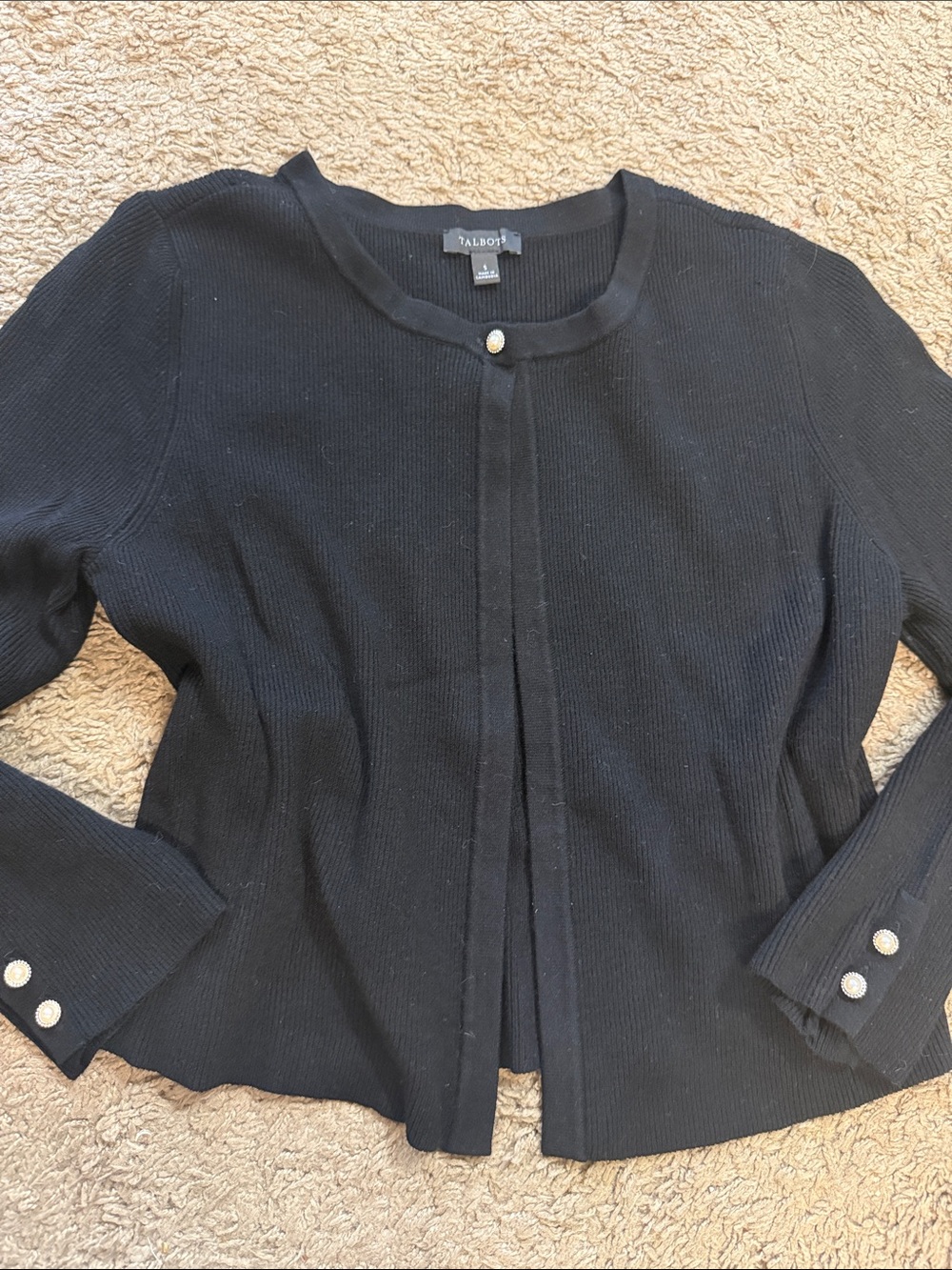 Talbots Women’s Small Black Pearl-Accent Ribbed Knit Cardigan One Button